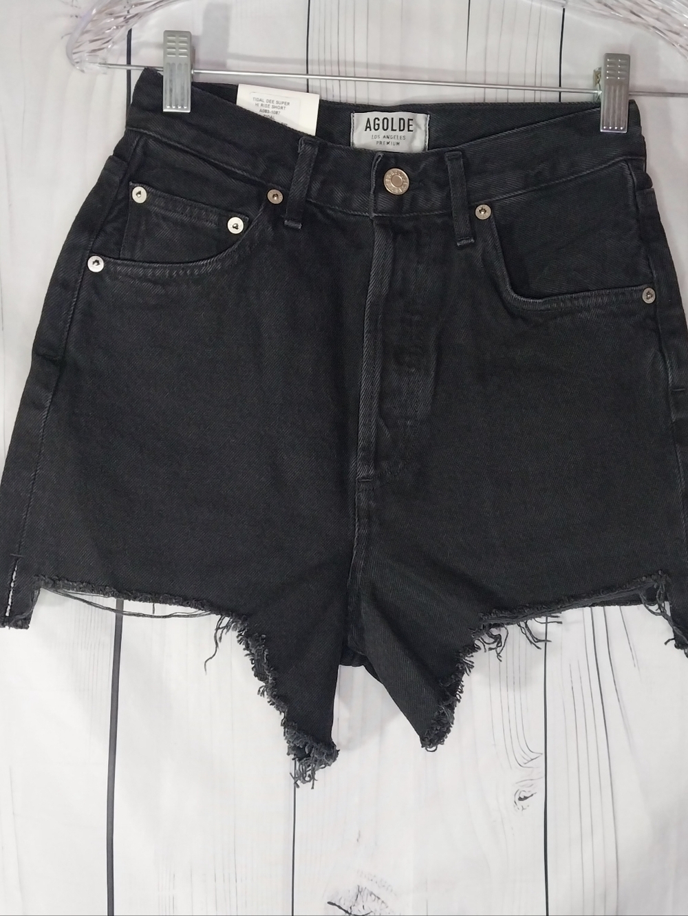 AGOLDE Tidal Dee Black Super High-Rise Frayed Hem Festival Grungy Denim Shorts